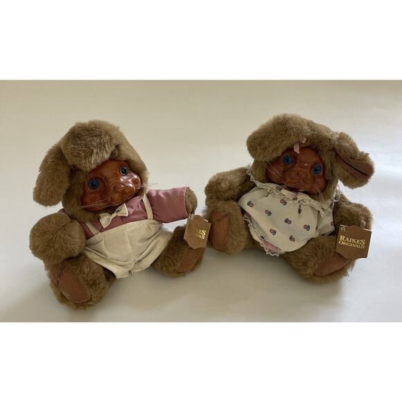 SET 2 Robert Raikes Rabbit Bunny "Brett and Ashley" Plush Wooden‎ Carved Face - Picture 1 of 11